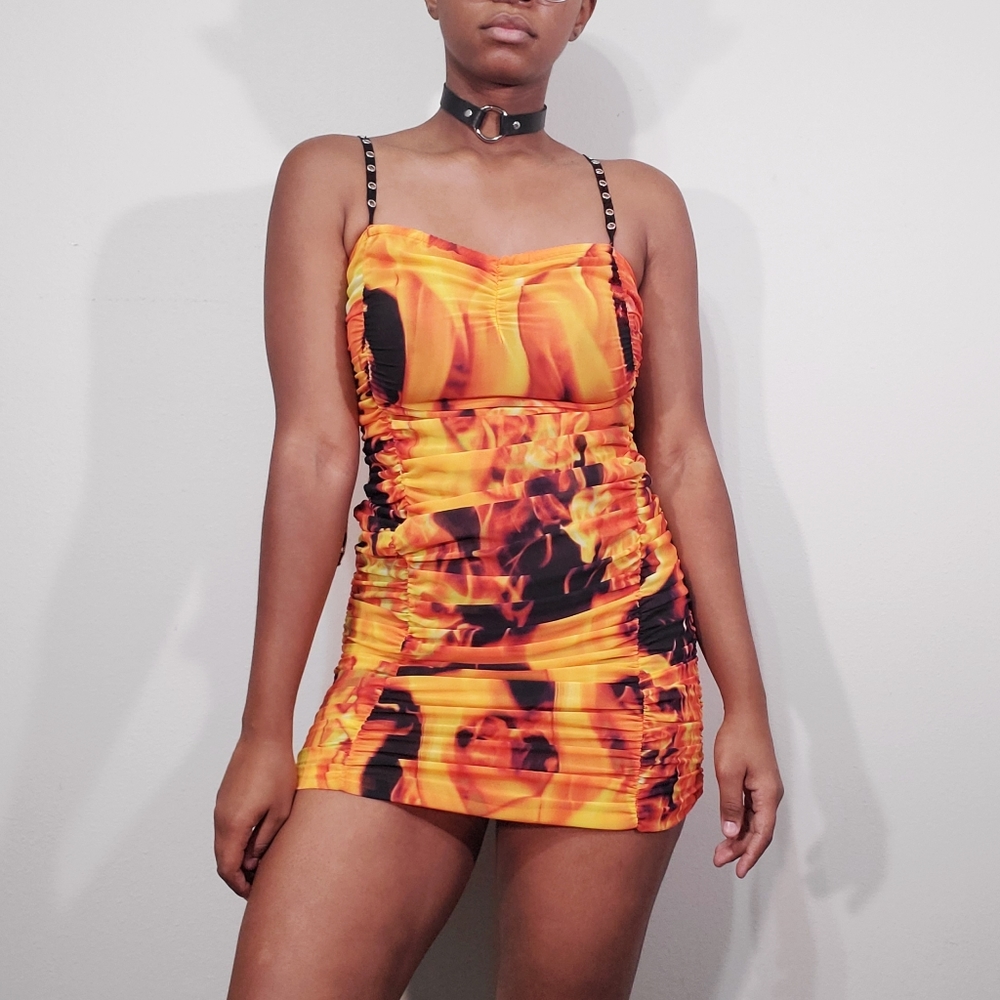 Ruched Orange Fire Flame Mesh Mini Dress for Club